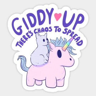 Cute Cat Riding Unicorn - Giddy Up, There’s Chaos to Spread Sticker